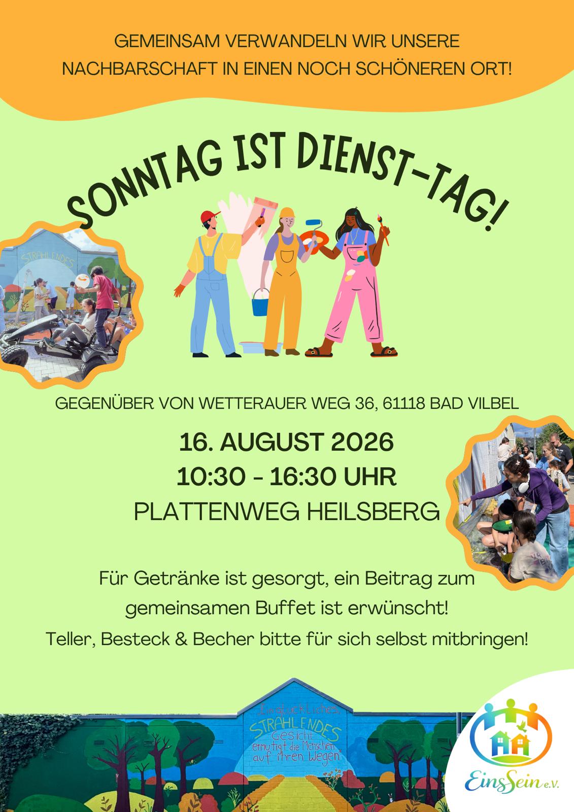 Flyer zum Aktionstag: drei Menschen in Malerkleidung mit Pinsel, Farbrolle und Farbeimer, daneben Fotos von früheren Wandgestaltungen in der Nachbarschaft